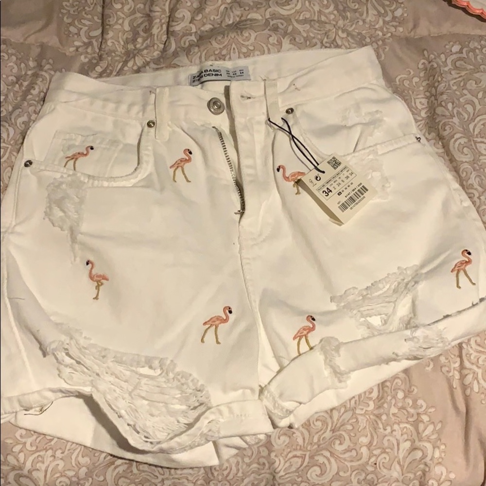 Zara Basic Denim flamingo print shorts